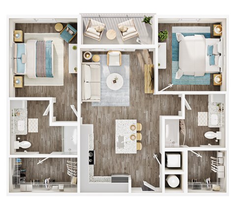 A top-down view of a modern, well-organized apartment with a kitchen, living room, and bathroom. at Allegra at Cocoa in Cocoa, FL, 32926